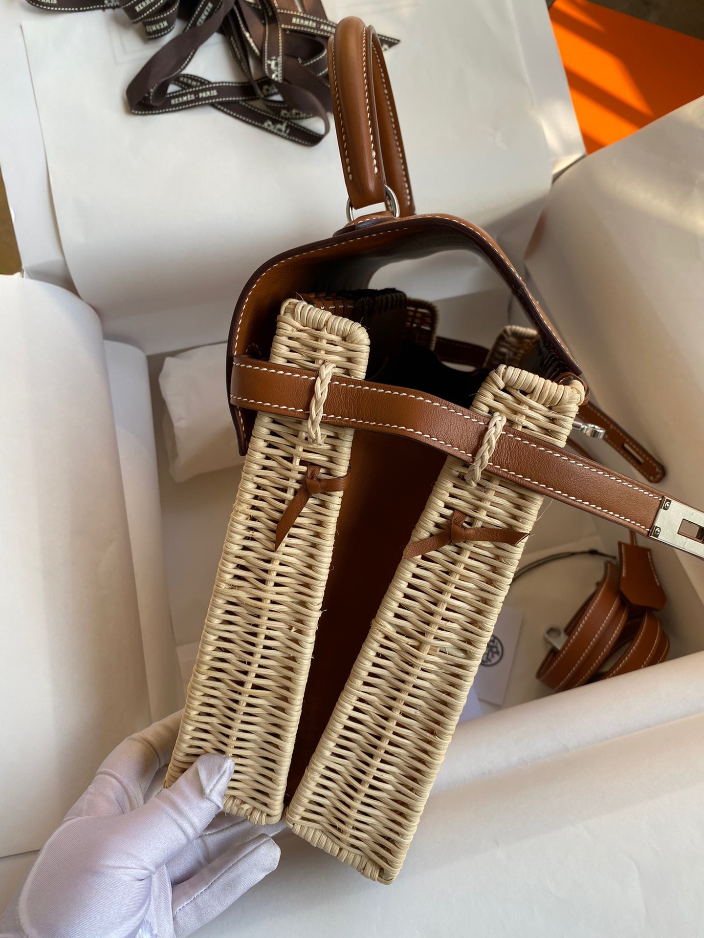 H**mes picnic kelly 28cm bag in wicker with barenia leather