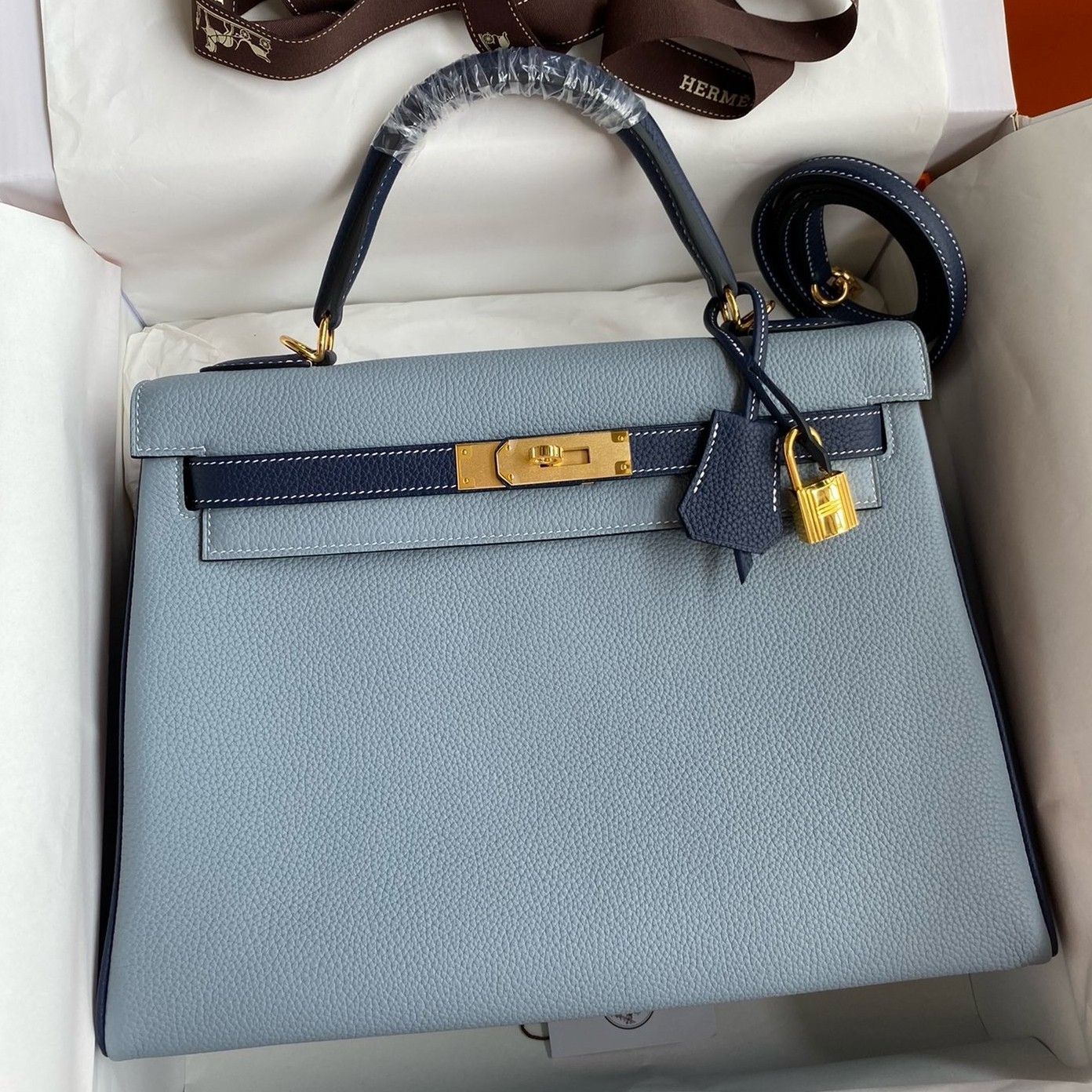 H**mes hss kelly 32 bicolor bag in blue lin and blue clemence leather