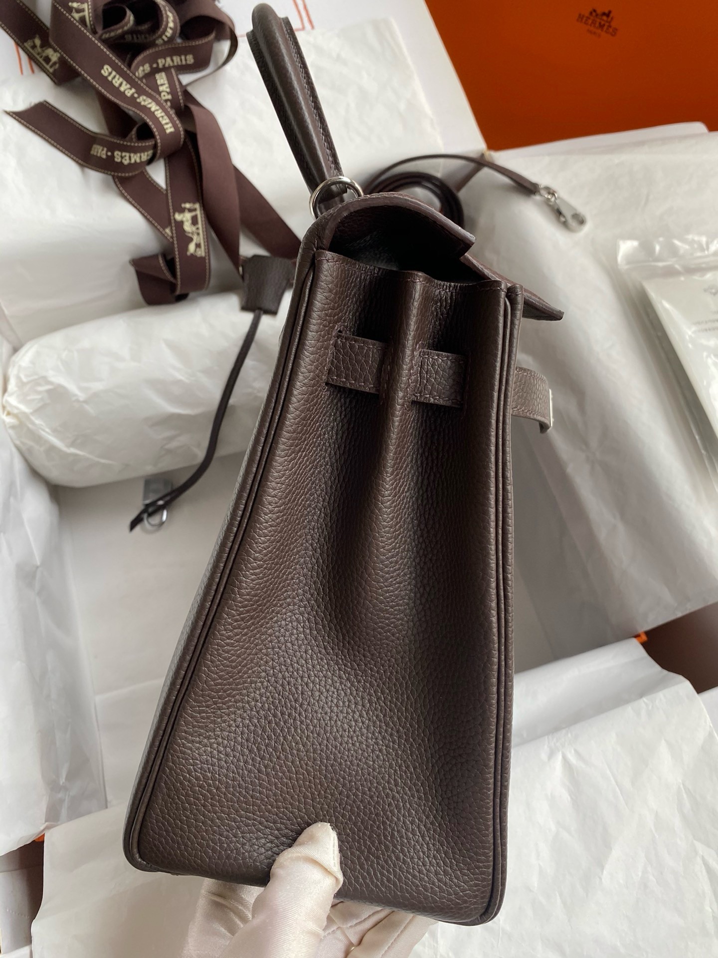 H**mes kelly retourne 32 handmade bag in chocolat clemence leather
