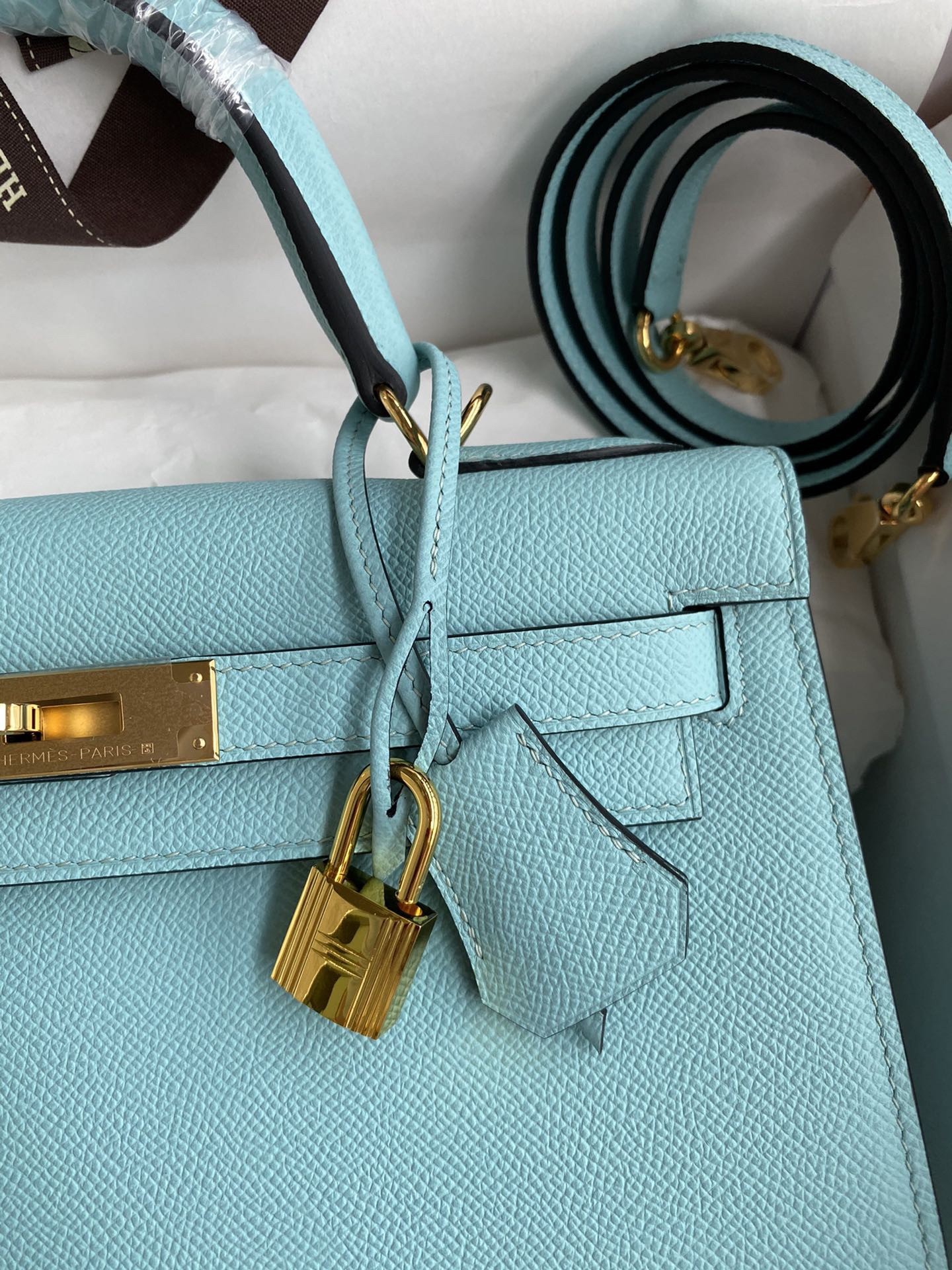 H**mes kelly sellier 32 handmade bag blue atoll black epsom calfskin
