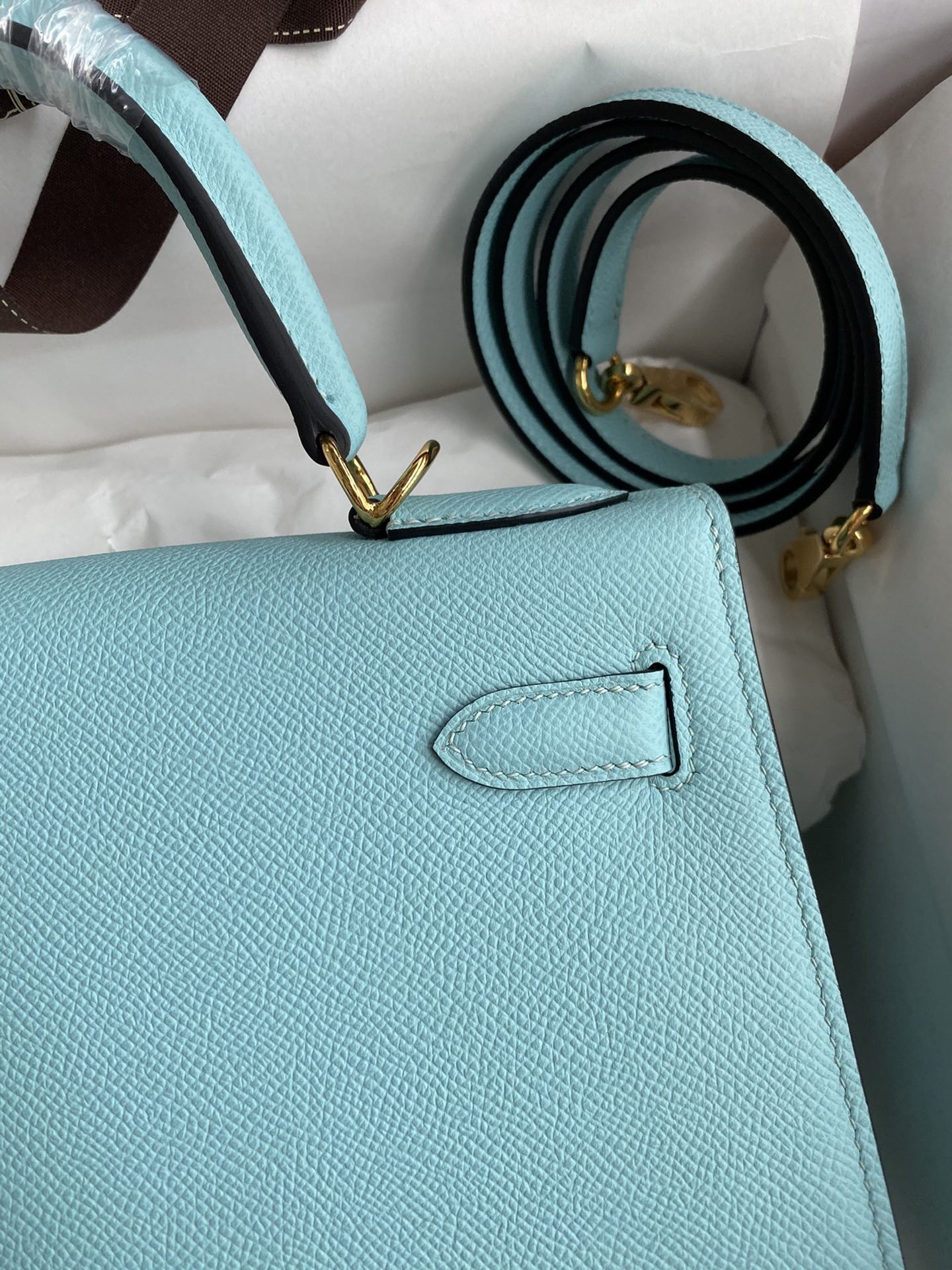 H**mes kelly sellier 32 handmade bag blue atoll black epsom calfskin
