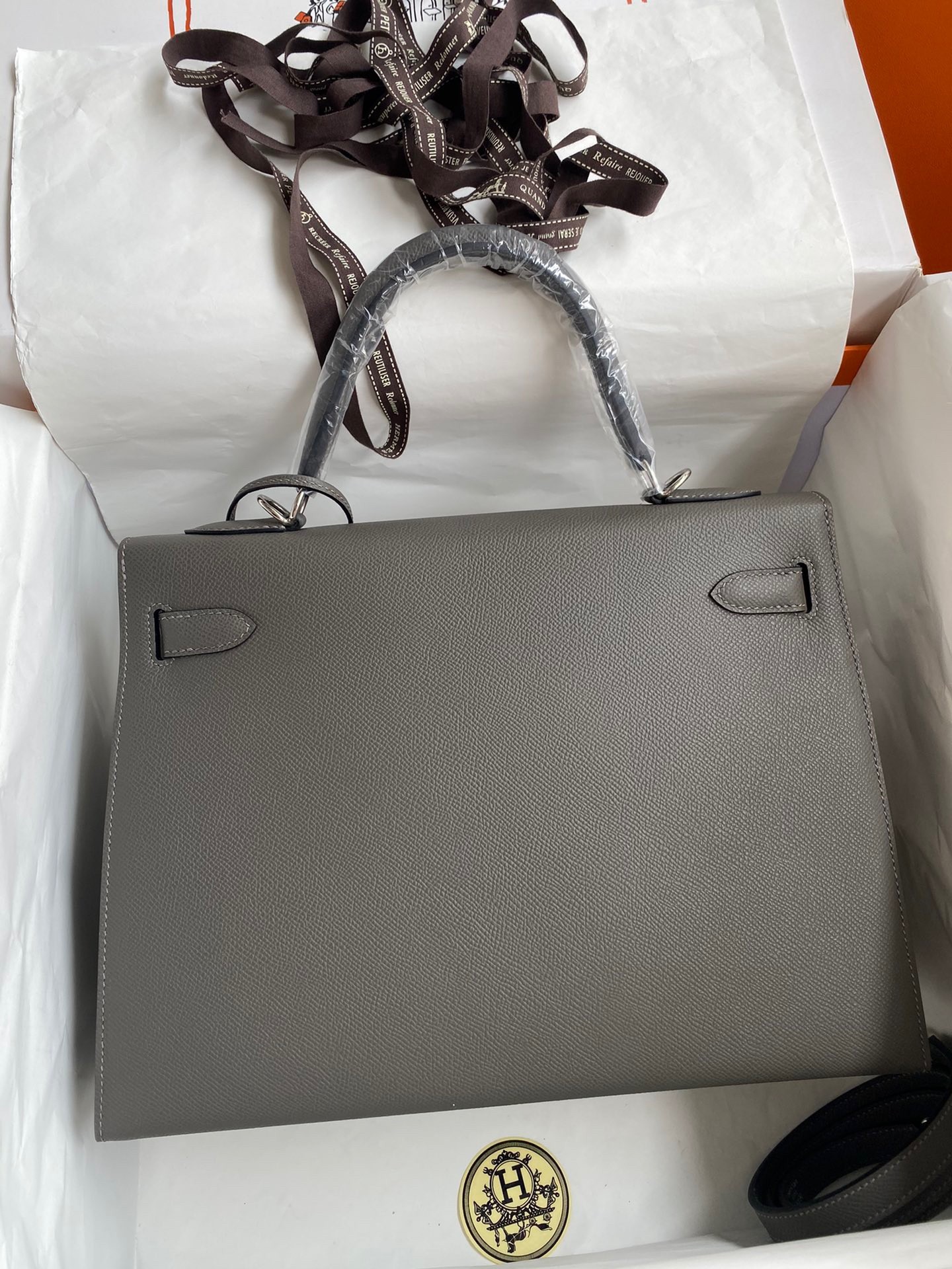 H**mes kelly sellier 32 handmade bag in etain epsom calfskin