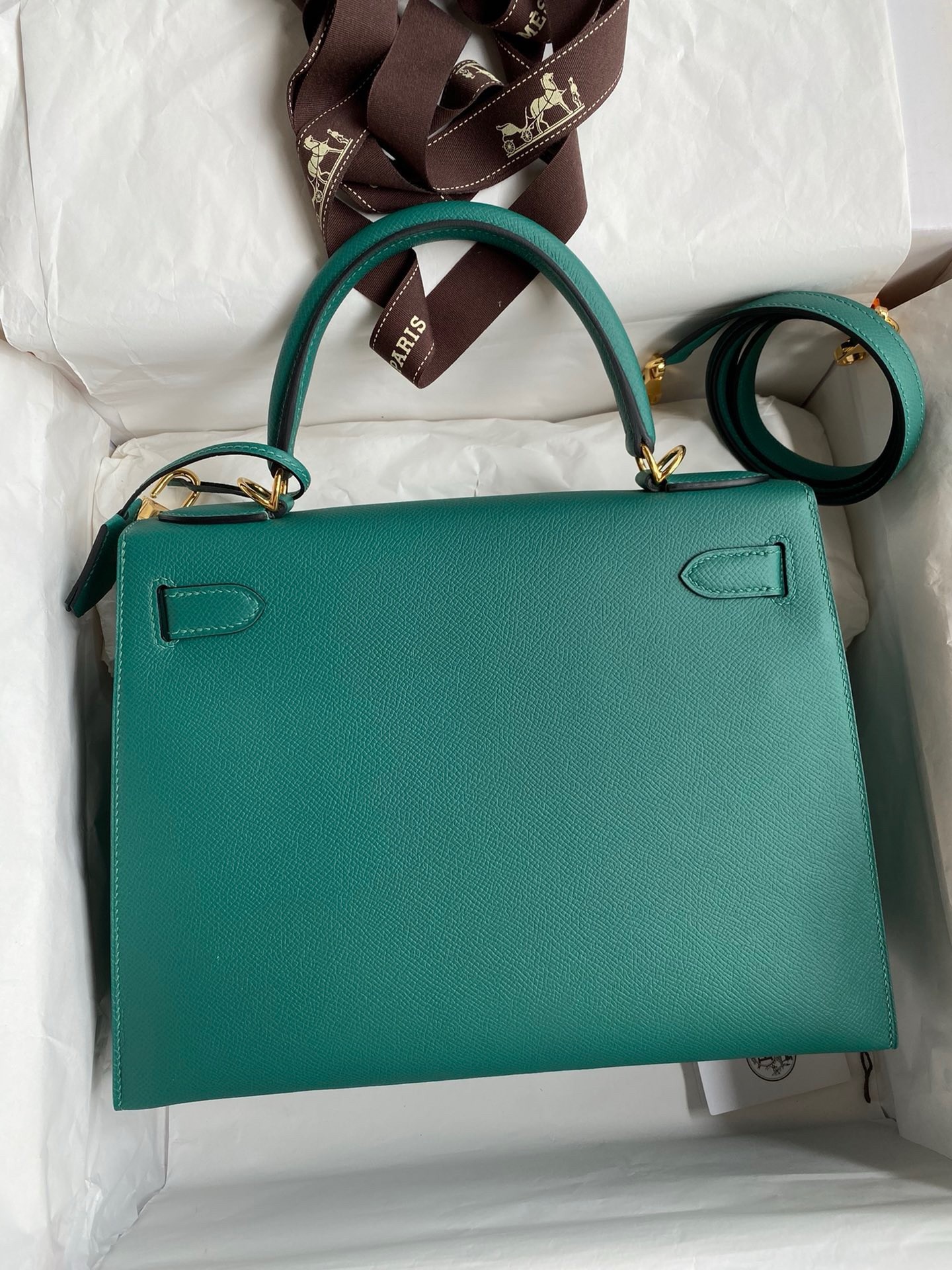 H**mes kelly sellier 32 handmade bag in malachite epsom calfskin