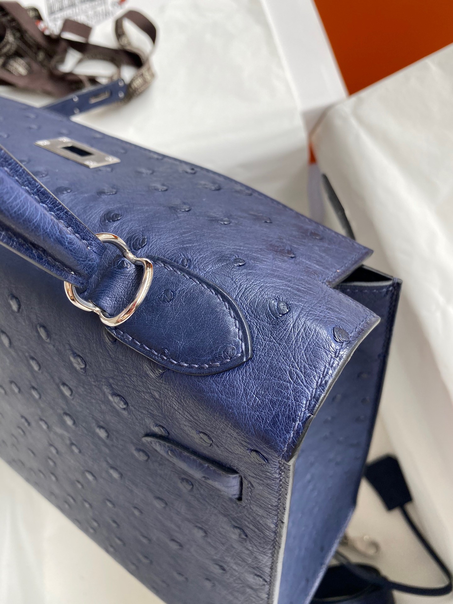 H**mes kelly sellier 32 handmade bag in blue iris ostrich leather