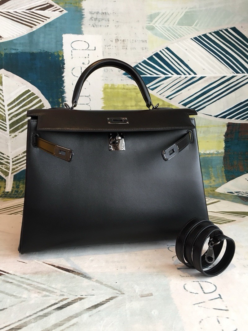 H**mes kelly sellier 35 handmade bag in black box calfskin