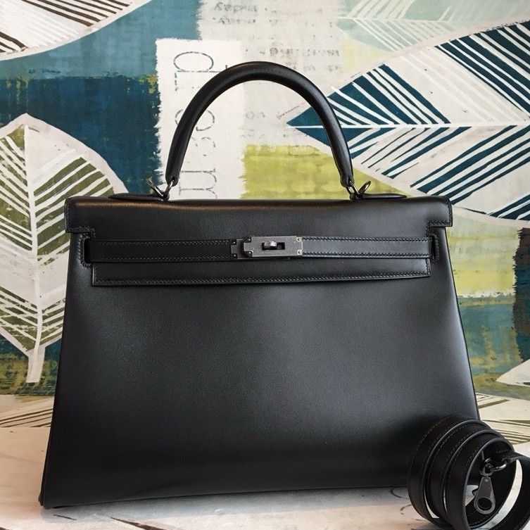 H**mes kelly sellier 35 handmade bag in black box calfskin