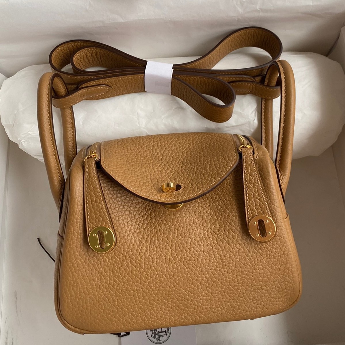 H**mes mini lindy handmade bag in biscuit clemence leather
