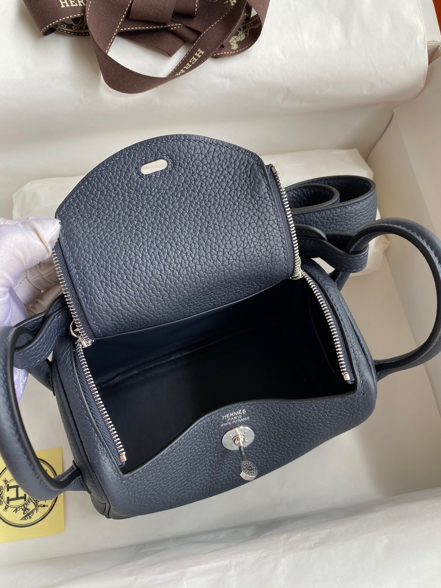 H**mes mini lindy handmade bag in blue nuit hhl19clbnclemence leather