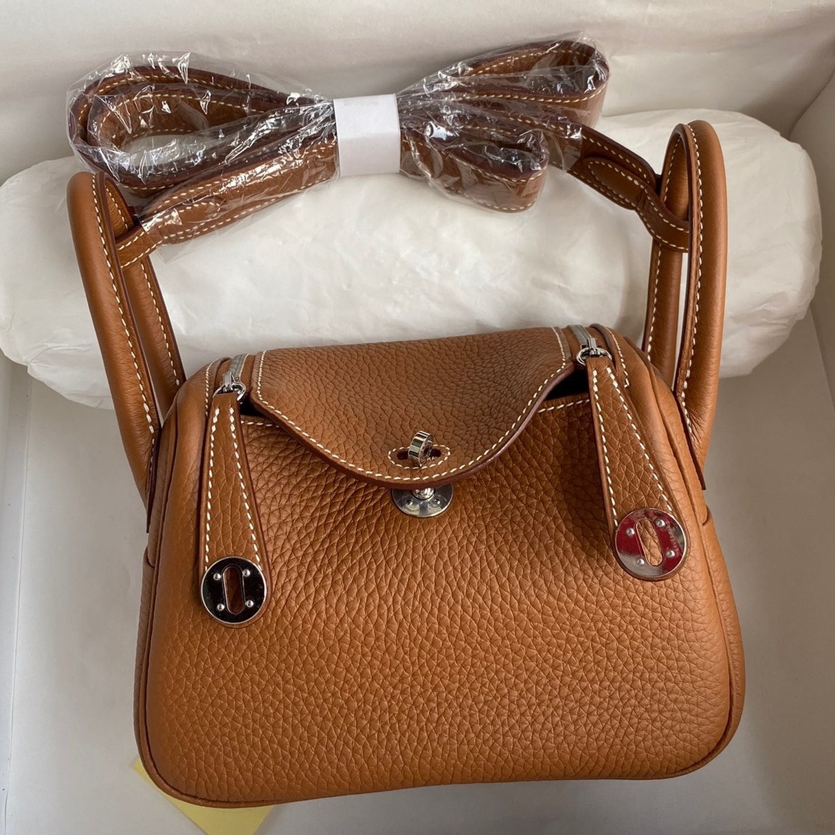 H**mes mini lindy handmade bag in gold clemence leather