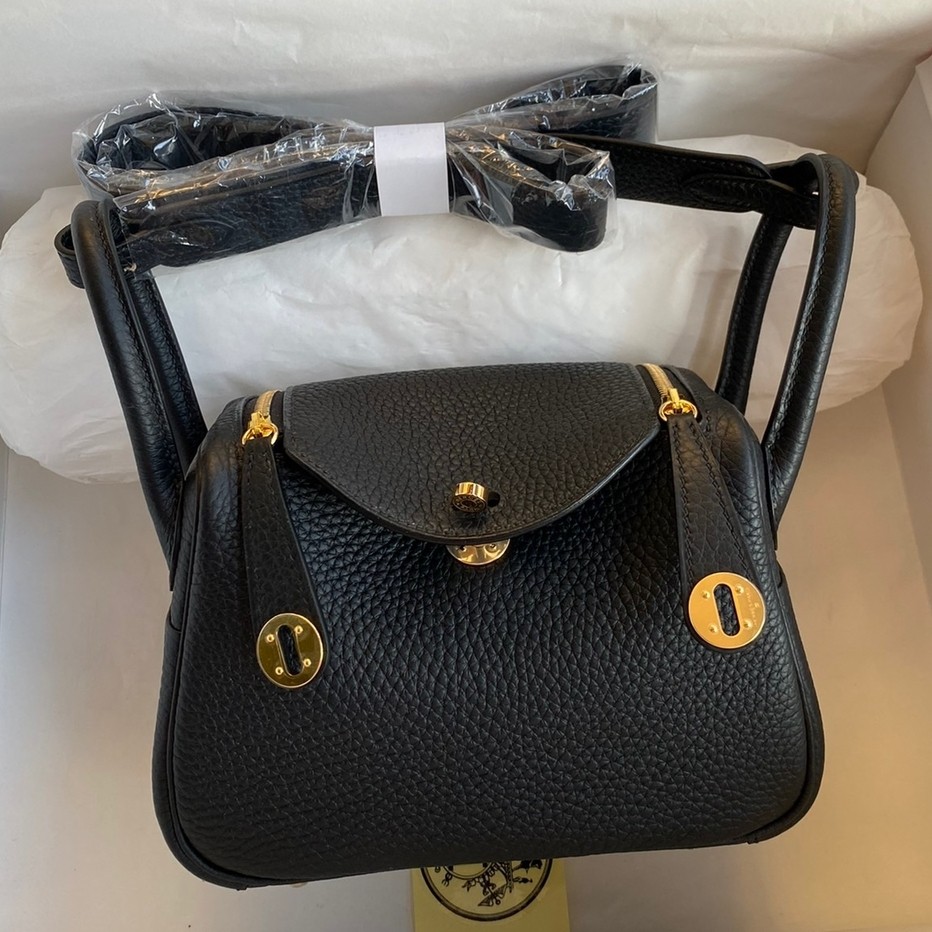 H**mes mini lindy handmade bag in black clemence leather