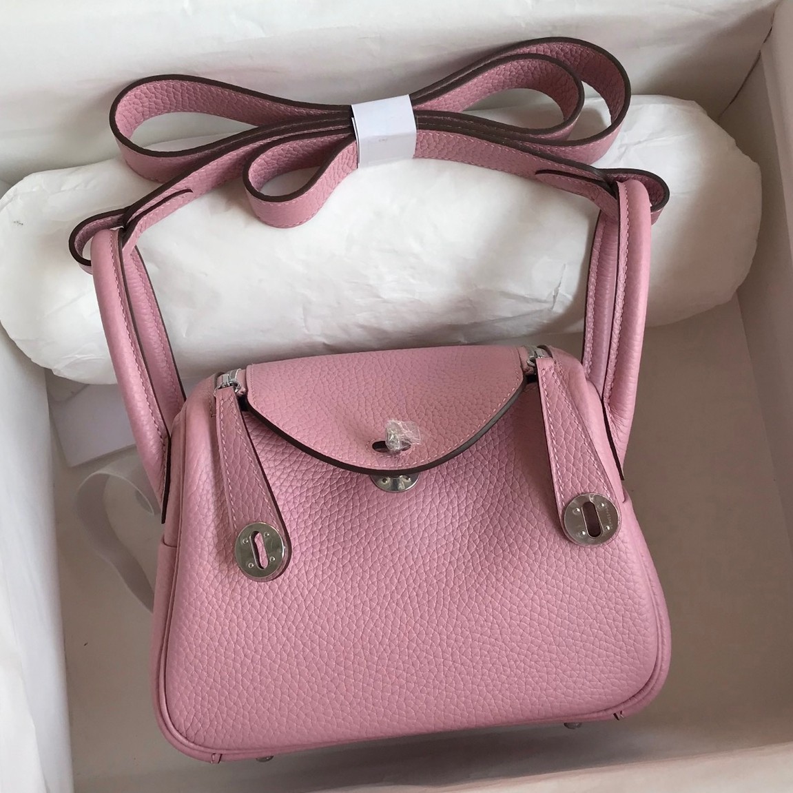 H**mes mini lindy handmade bag in pink clemence leather
