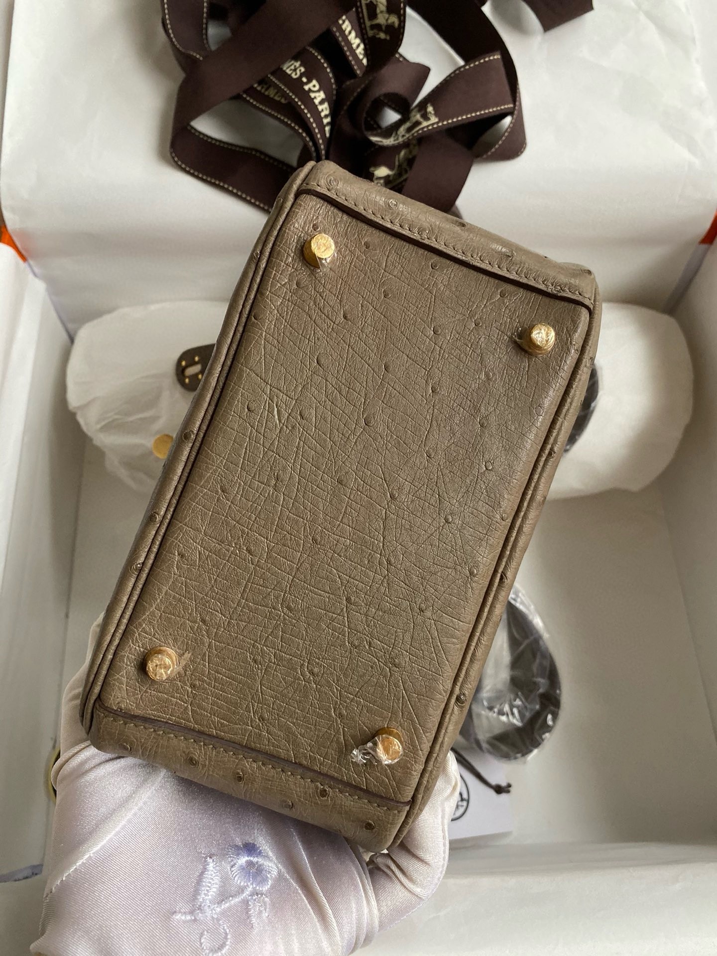 H**mes mini lindy handmade bag in taupe ostrich leather