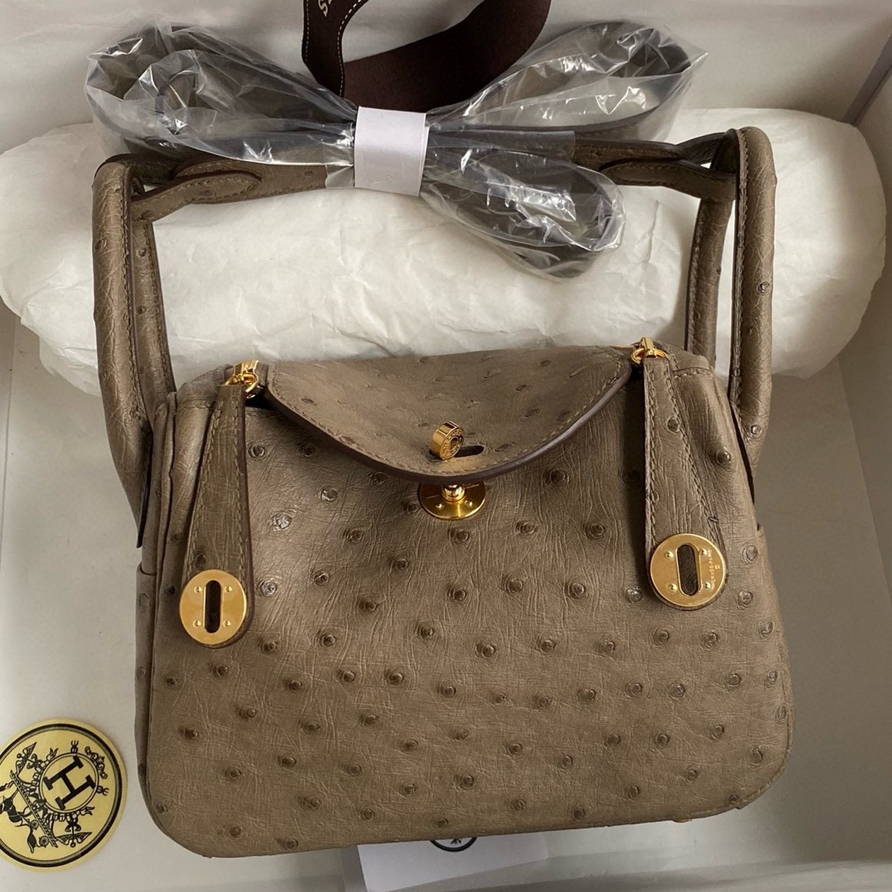 H**mes mini lindy handmade bag in taupe ostrich leather