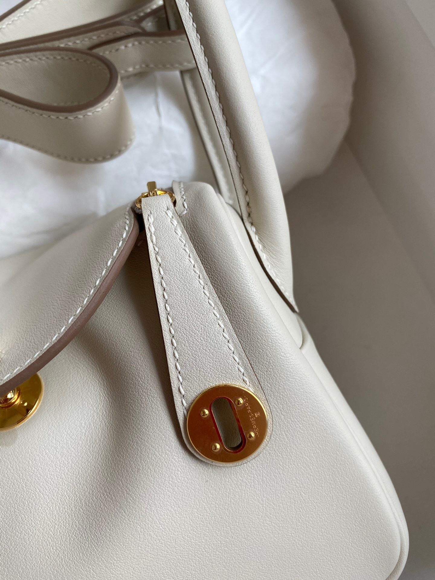 H**mes mini lindy handmade bag in craie swift leather