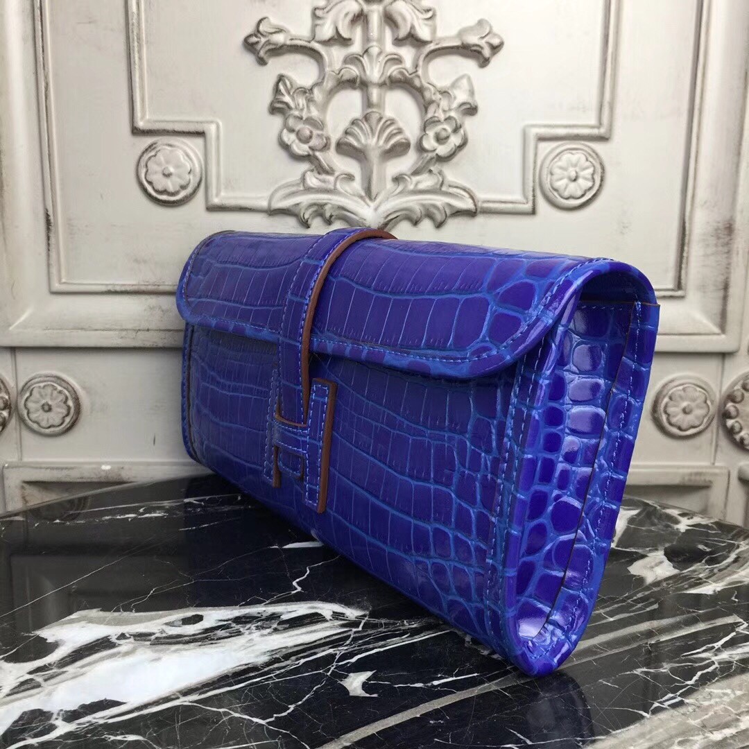 H**mes jige elan 29 clutch in blue electric crocodile leather