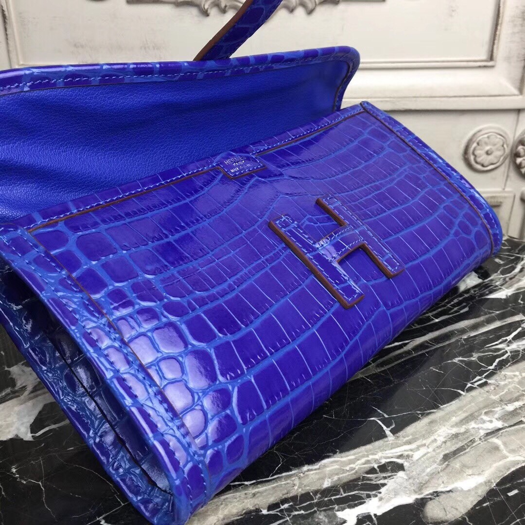 H**mes jige elan 29 clutch in blue electric crocodile leather
