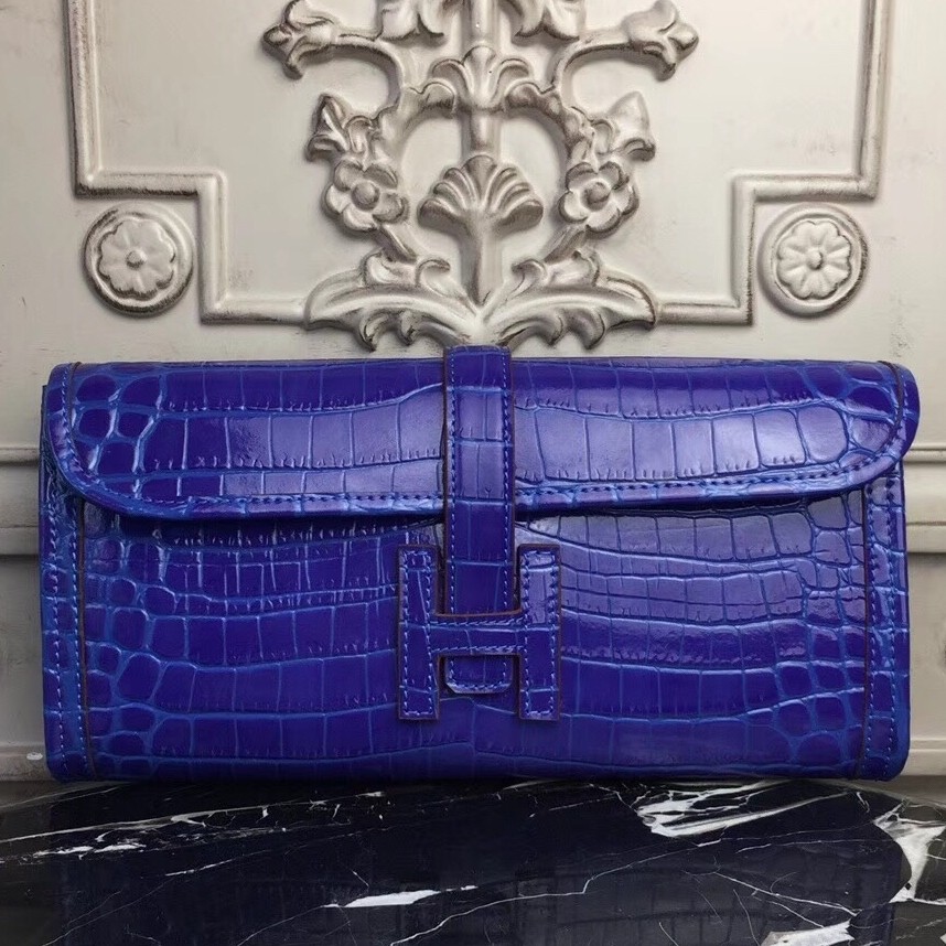 H**mes jige elan 29 clutch in blue electric crocodile leather