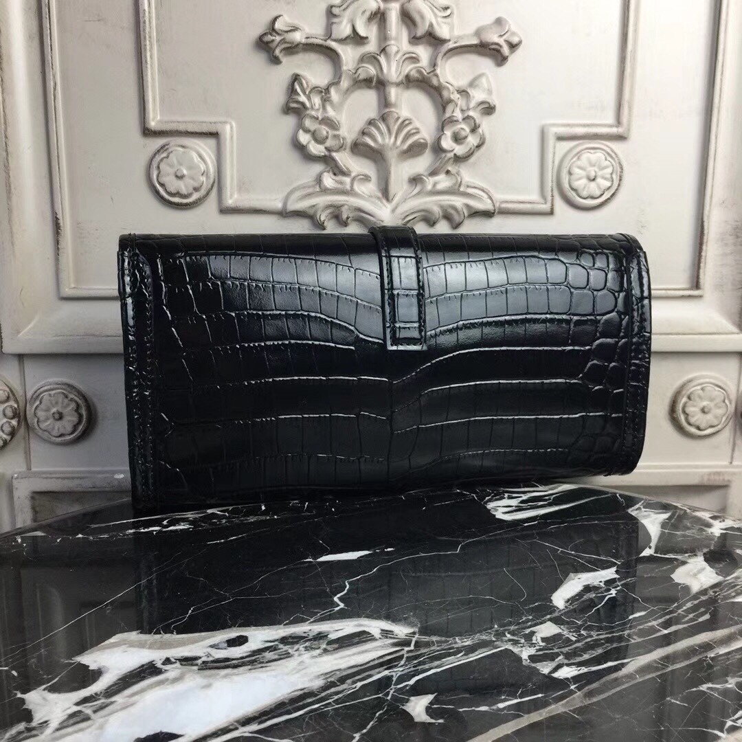 H**mes jige elan 29 clutch in black crocodile leather
