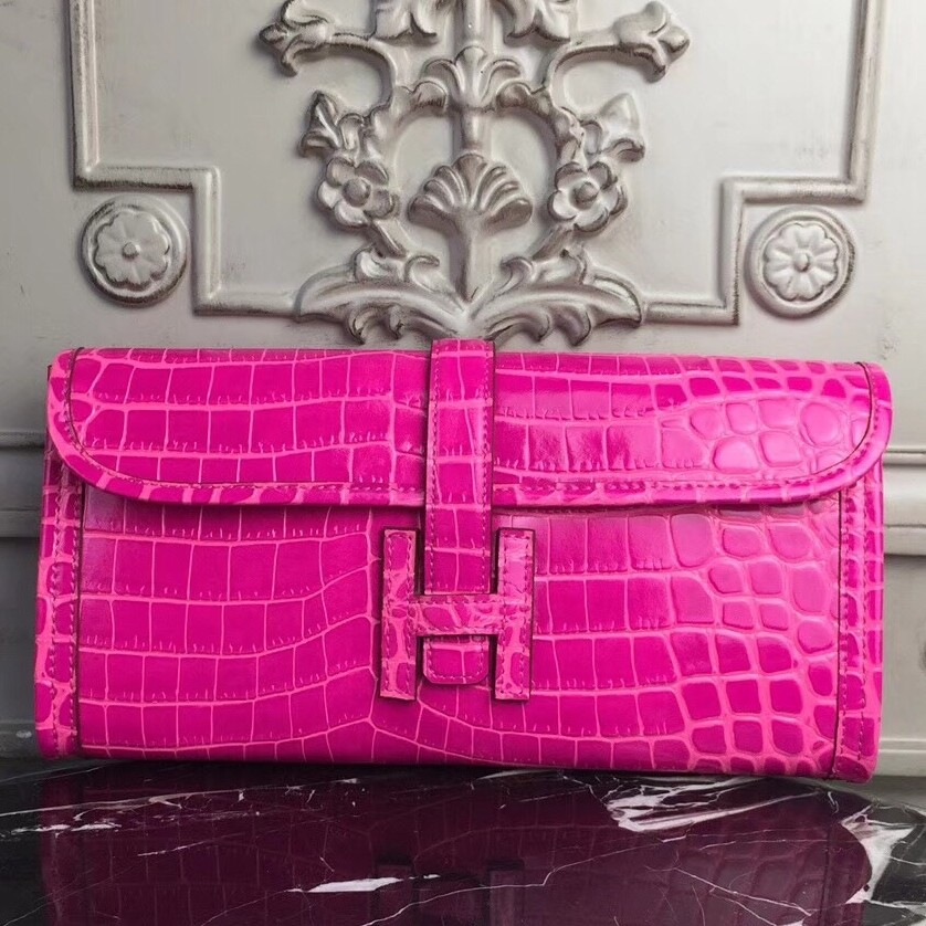 H**mes jige elan 29 clutch in rose red crocodile leather