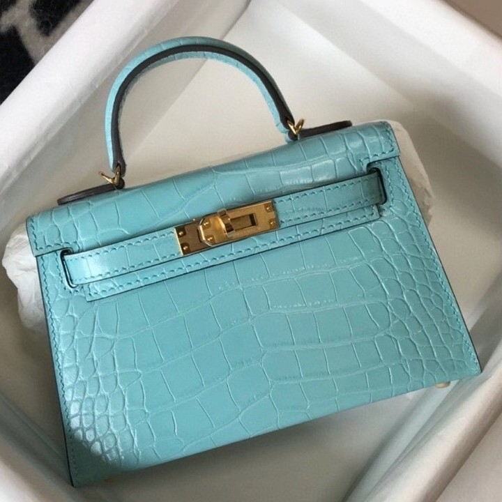 H**mes kelly mini ii bag in blue atoll embossed crocodile leather
