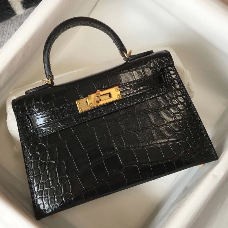 H**mes kelly mini ii bag in black embossed crocodile leather