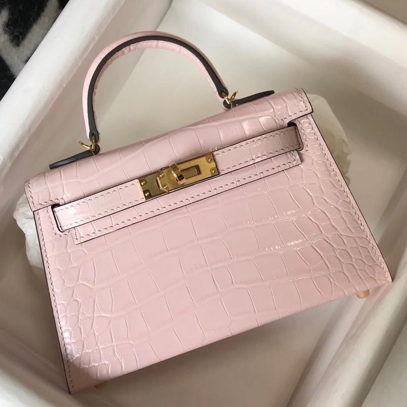 H**mes kelly mini ii bag in rose dragee embossed crocodile leather