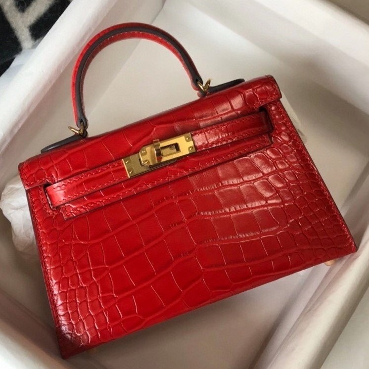 H**mes kelly mini ii bag in red embossed crocodile leather