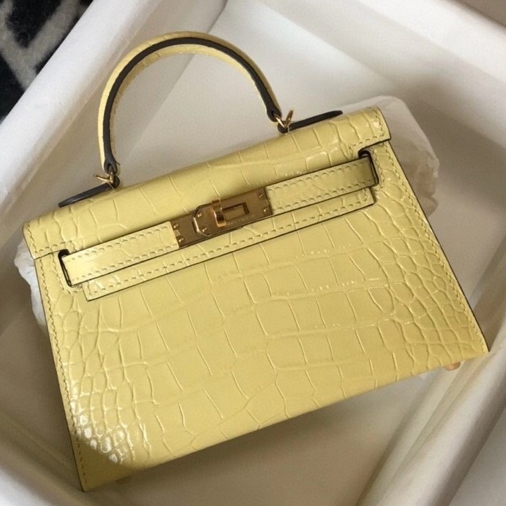 H**mes kelly mini ii bag in jaune poussin embossed crocodile leather
