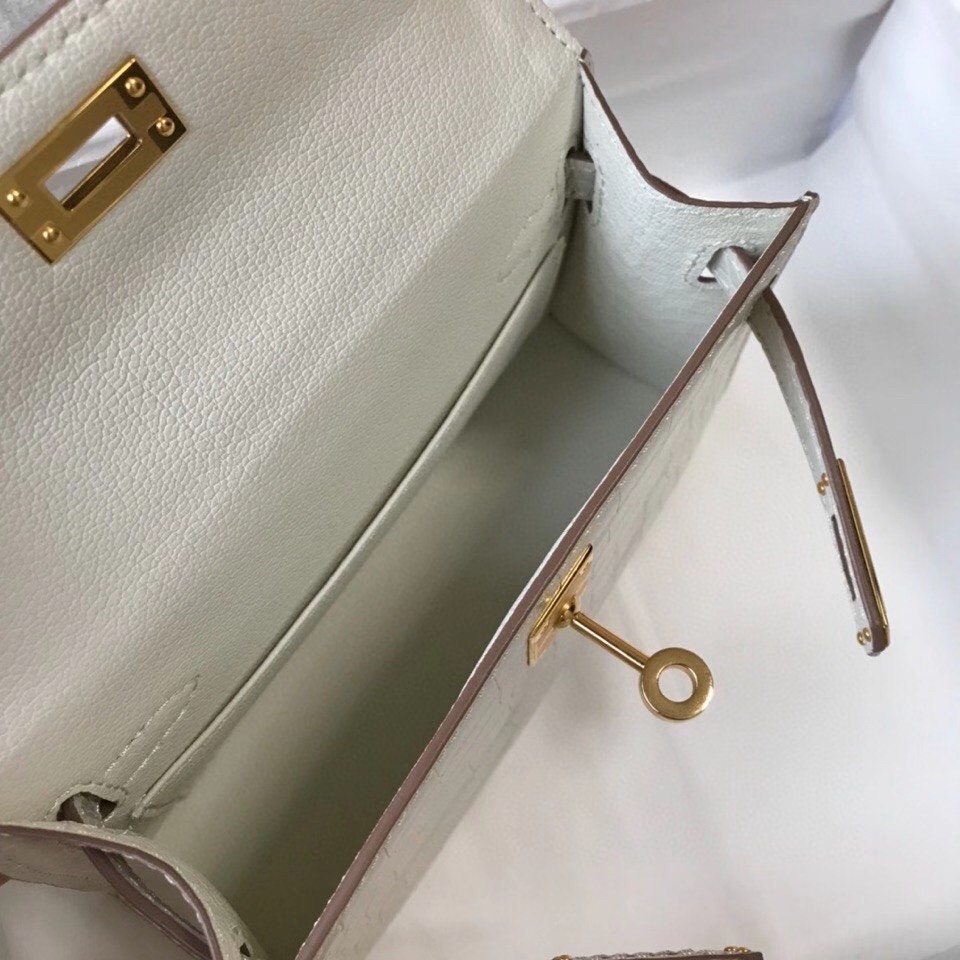 H**mes kelly mini ii bag in beton embossed crocodile leather