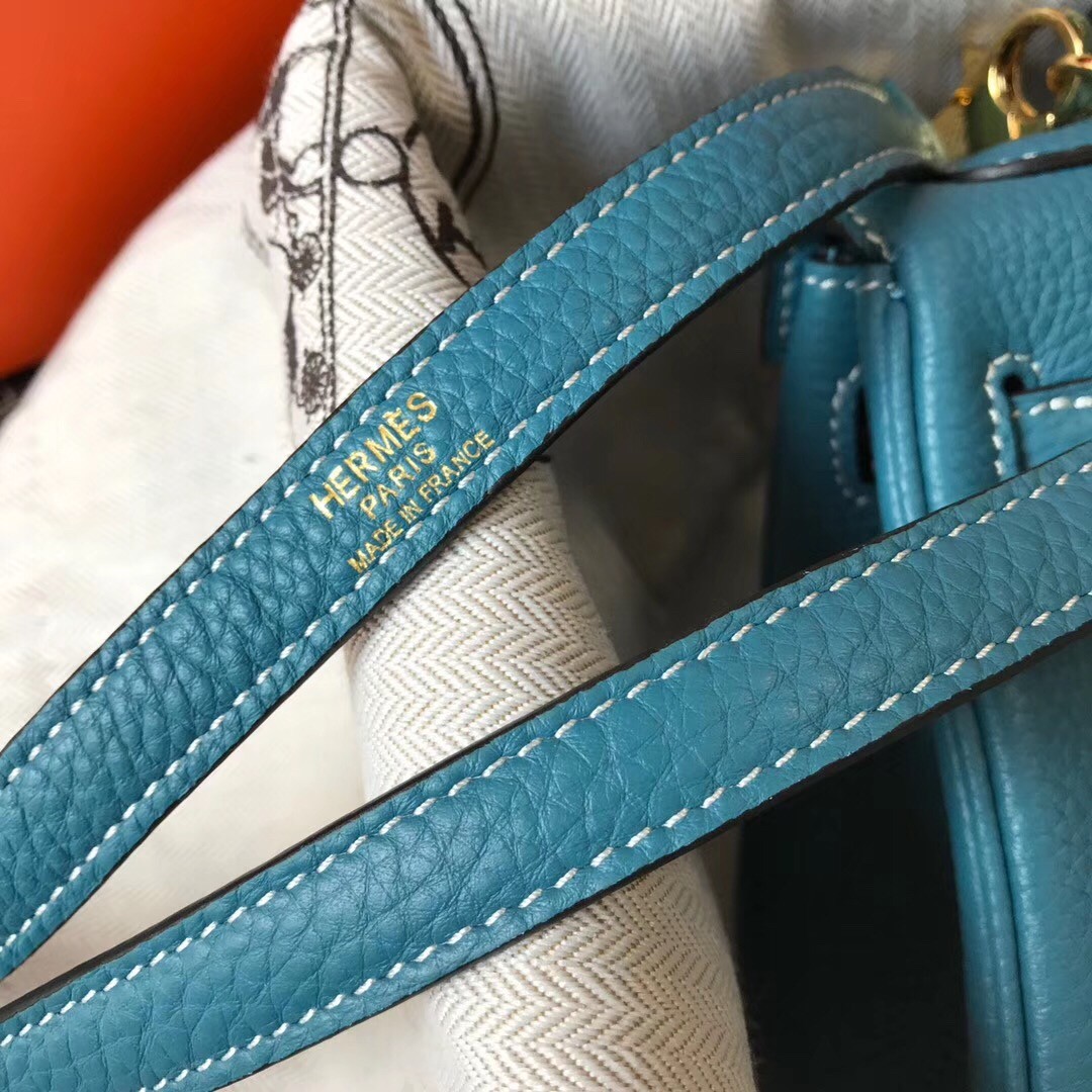 H**mes mini kelly 20cm bag in blue jean clemence leather