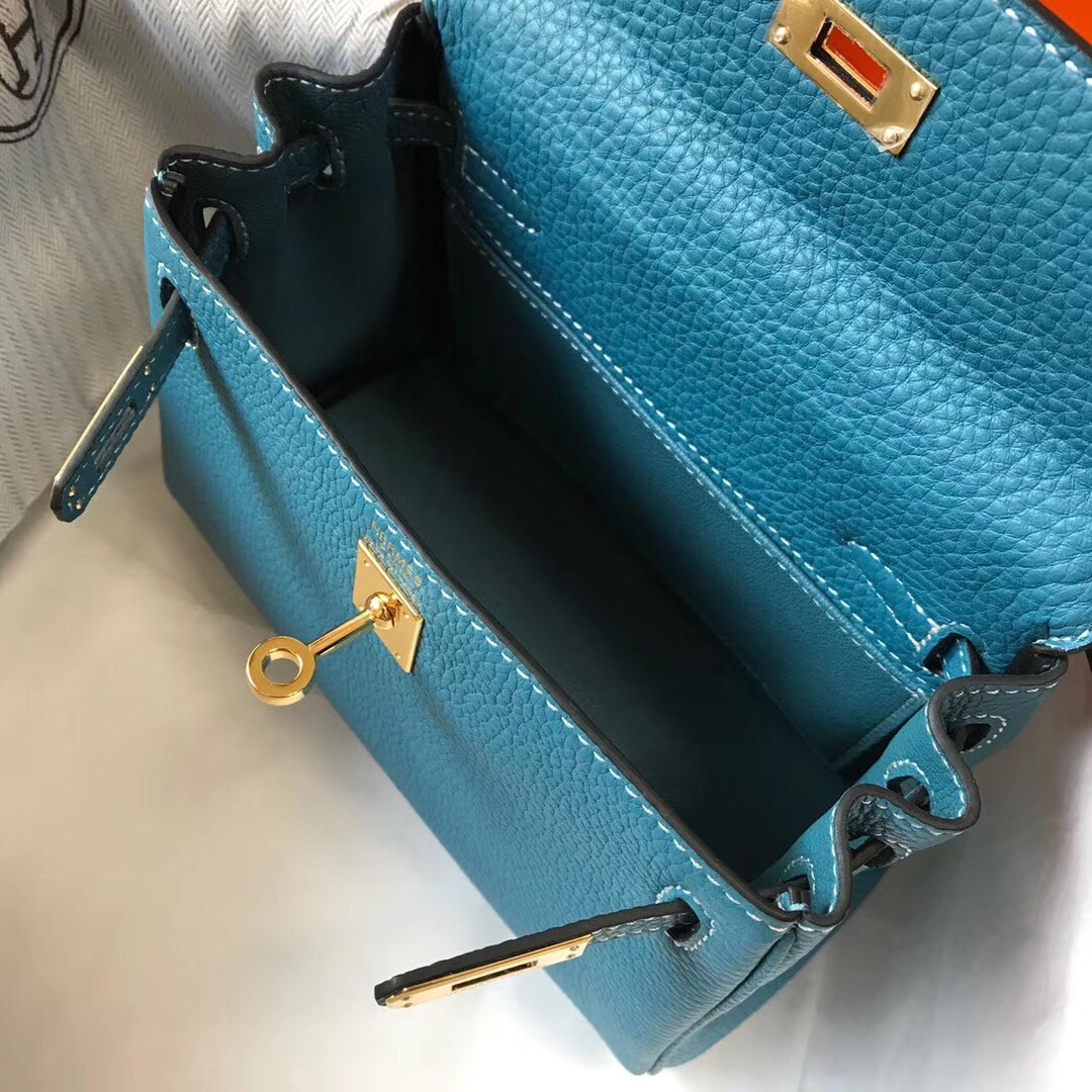 H**mes mini kelly 20cm bag in blue jean clemence leather