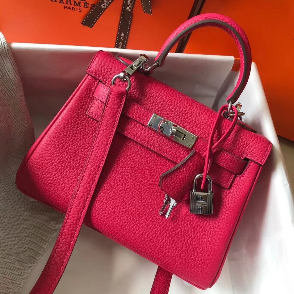 H**mes mini kelly 20cm bag in rose red clemence leather