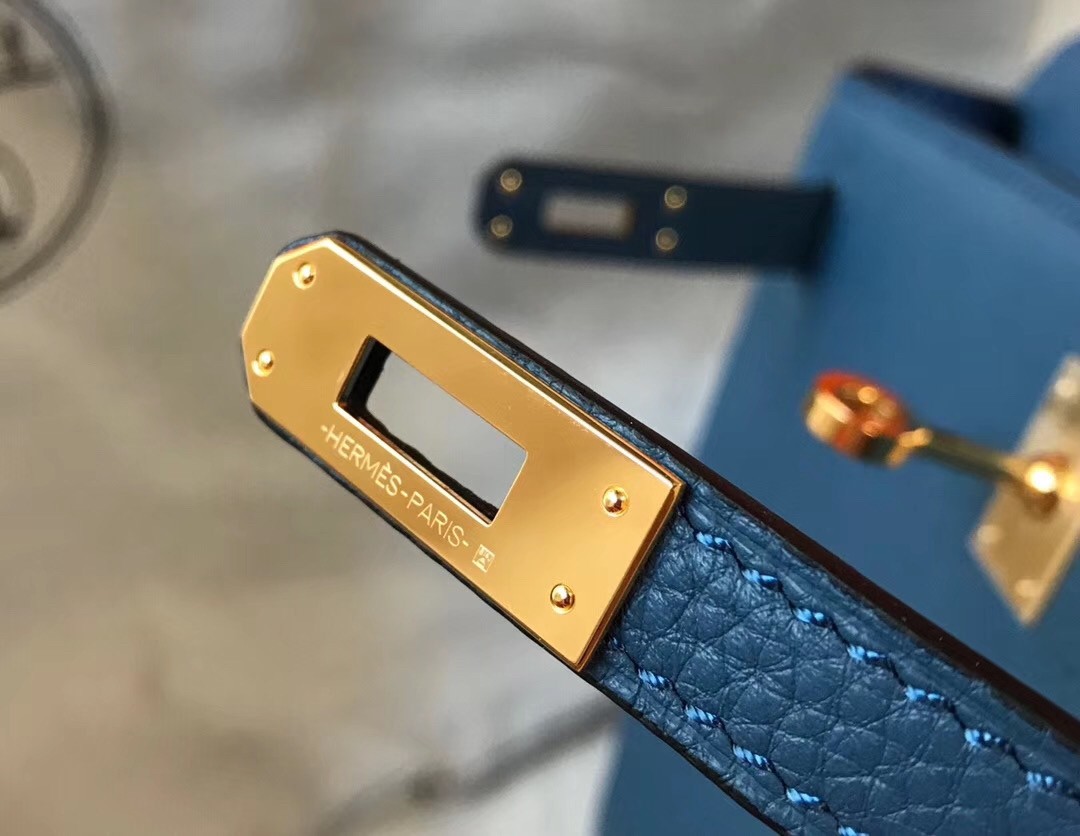 H**mes kelly 25cm retourne bag in agate blue clemence leather