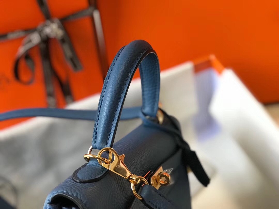 H**mes kelly 25cm retourne bag in agate blue clemence leather