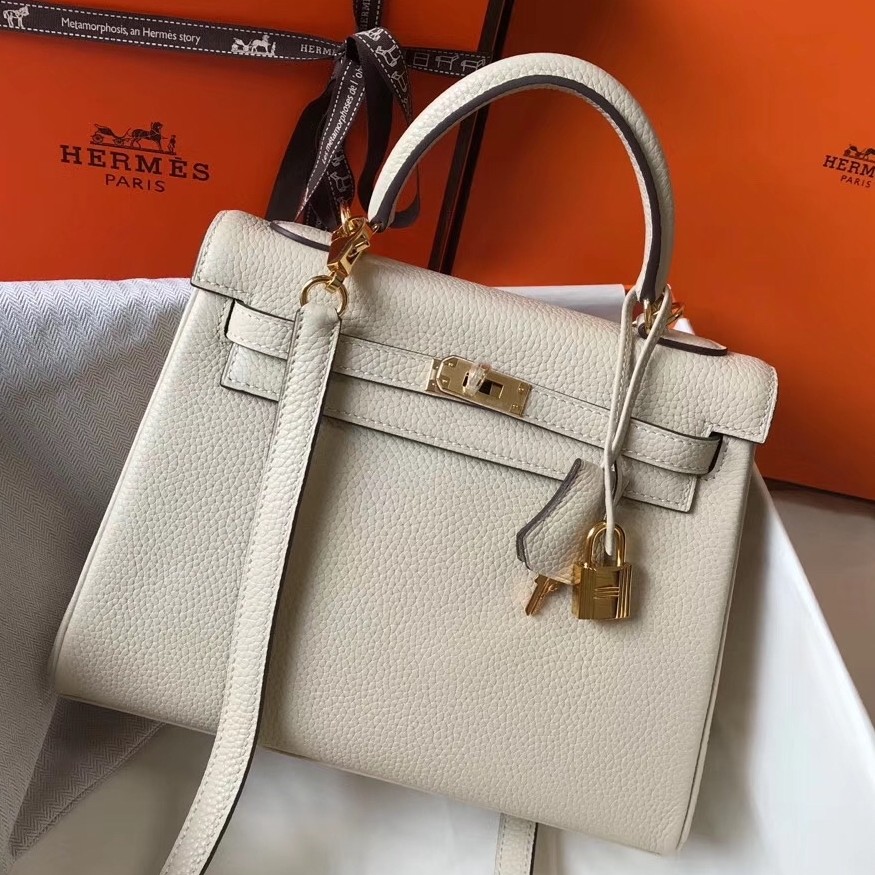 H**mes kelly 25cm retourne bag in craie clemence leather