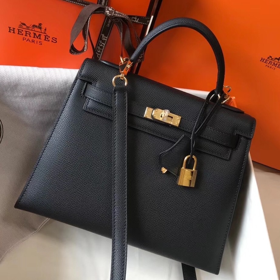 H**mes kelly 25cm sellier bag in black epsom leather