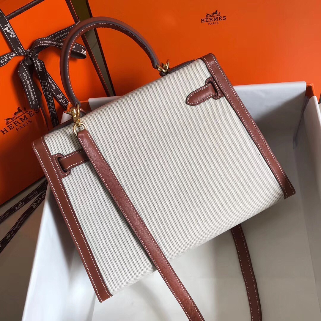 H**mes kelly 28cm sellier bag in canvas with barenia leather
