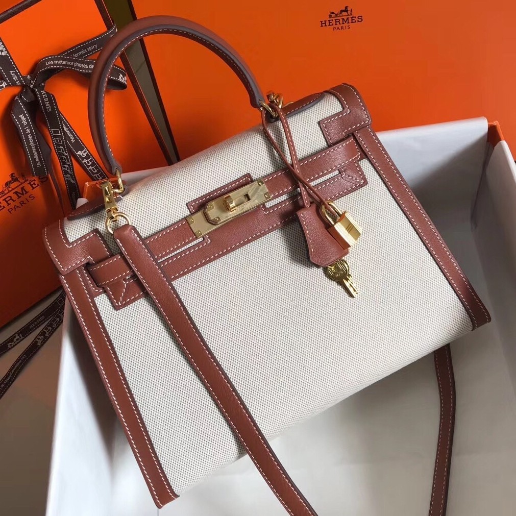 H**mes kelly 28cm sellier bag in canvas with barenia leather