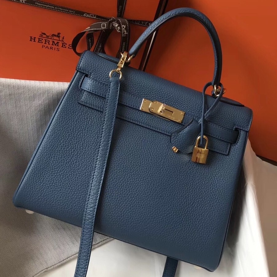 H**mes kelly 28cm retourne bag in blue agate clemence leather