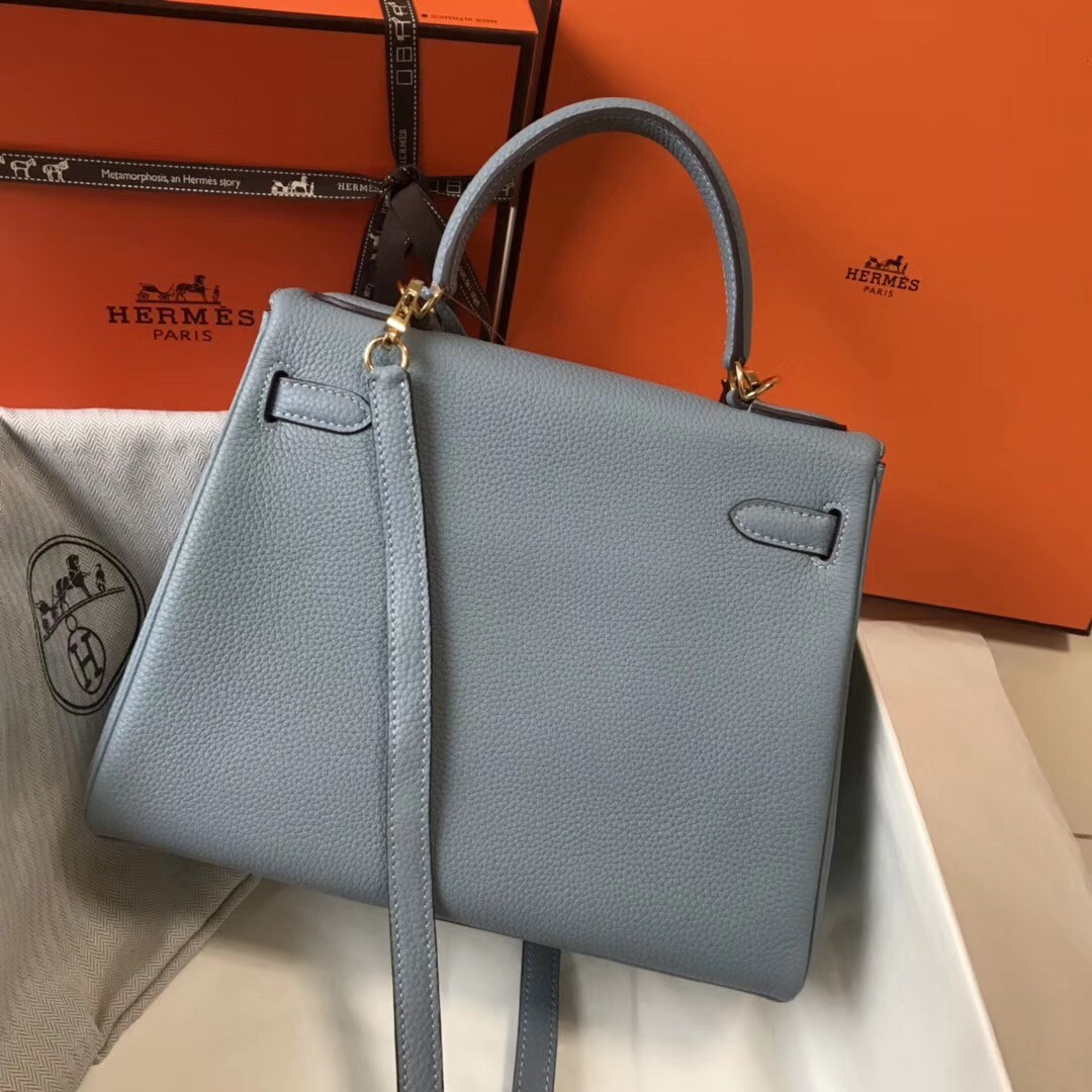 H**mes kelly 28cm retourne bag in blue lin clemence leather