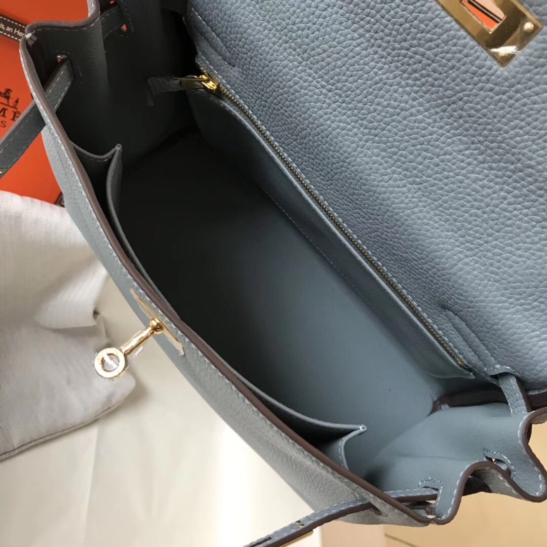 H**mes kelly 28cm retourne bag in blue lin clemence leather