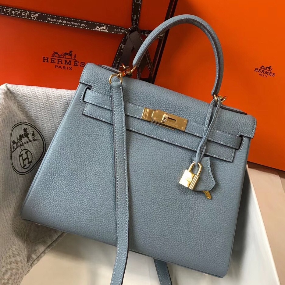 H**mes kelly 28cm retourne bag in blue lin clemence leather