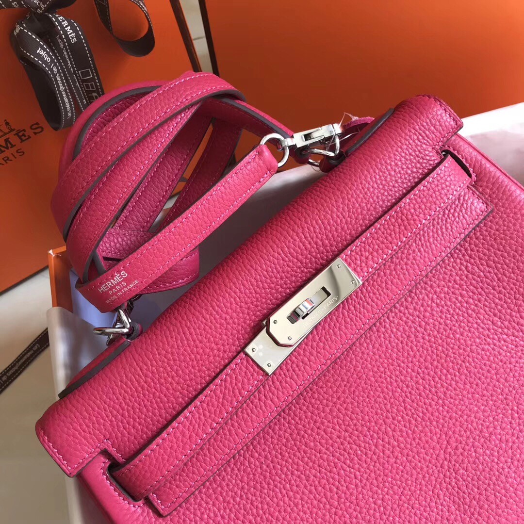 H**mes kelly 28cm retourne bag in rose red clemence leather
