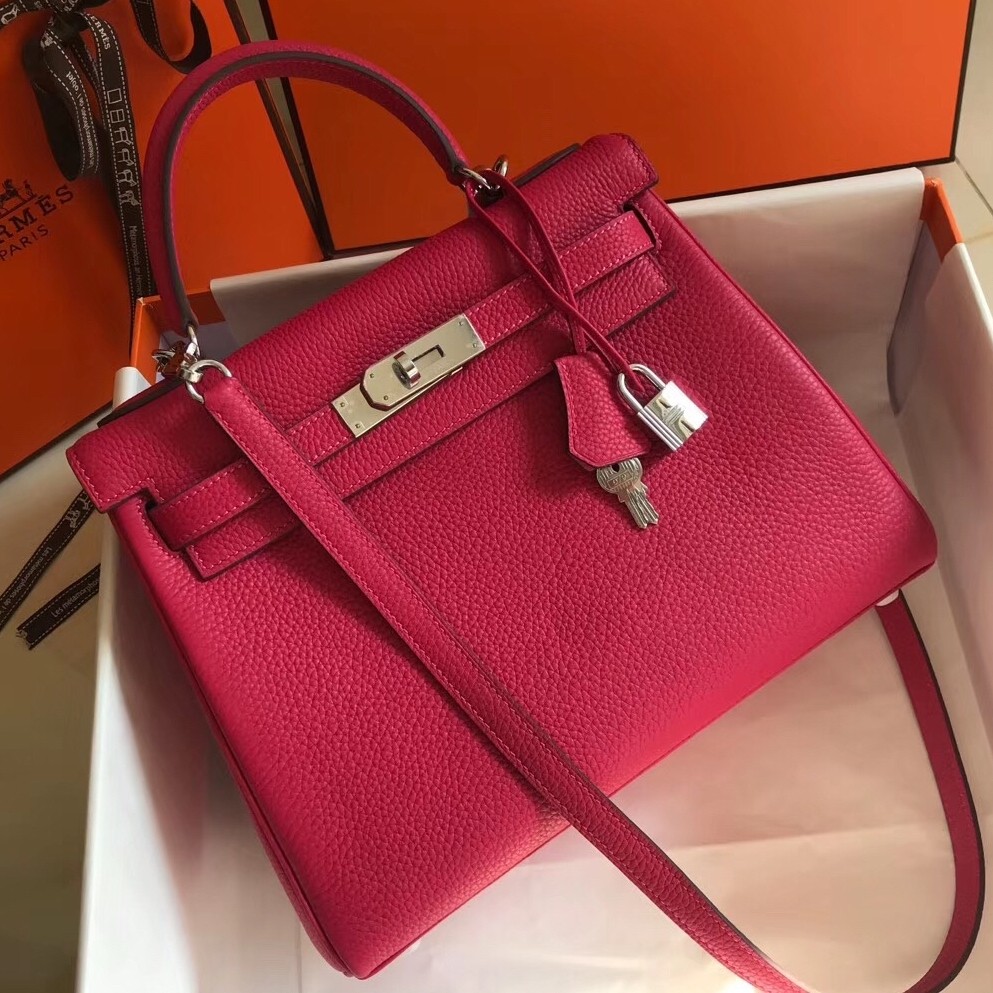H**mes kelly 28cm retourne bag in rose red clemence leather