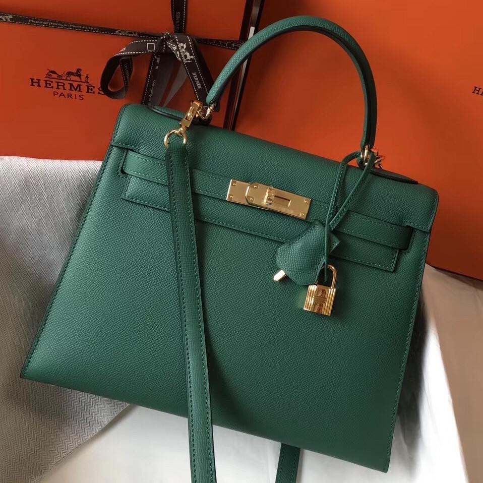 H**mes kelly 28cm sellier bag in malachite epsom leather