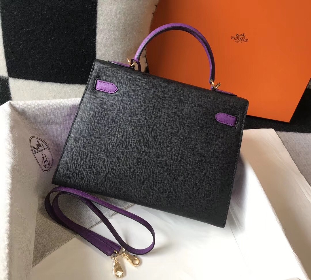 H**mes bi-color kelly 32cm epsom bag black/purple ghw