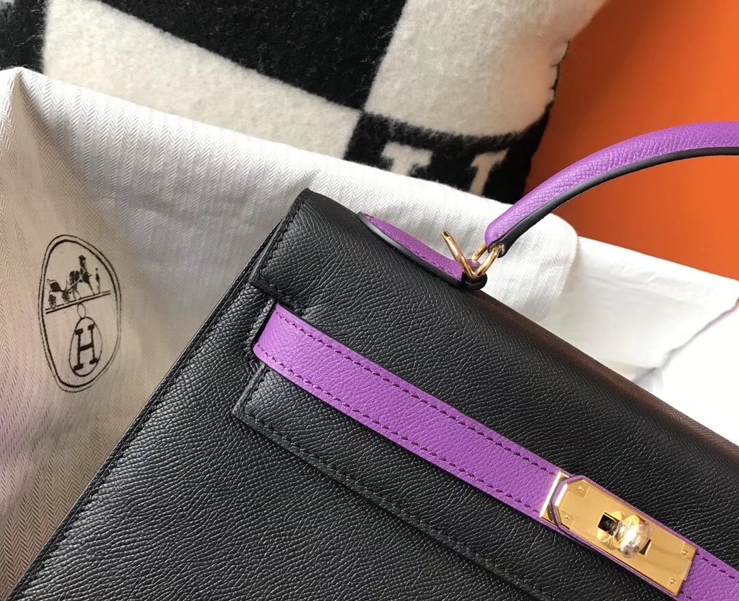 H**mes bi-color kelly 32cm epsom bag black/purple ghw