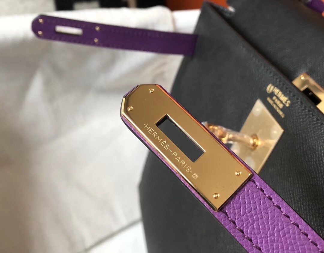 H**mes bi-color kelly 32cm epsom bag black/purple ghw