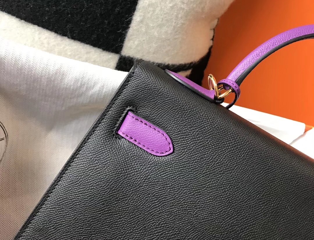 H**mes bi-color kelly 32cm epsom bag black/purple ghw