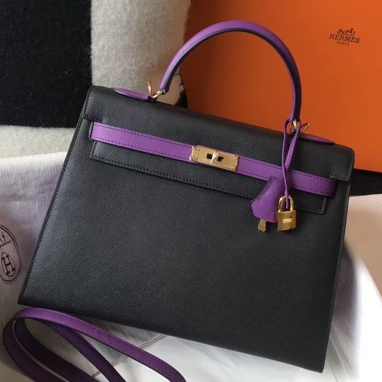 H**mes bi-color kelly 32cm epsom bag black/purple ghw